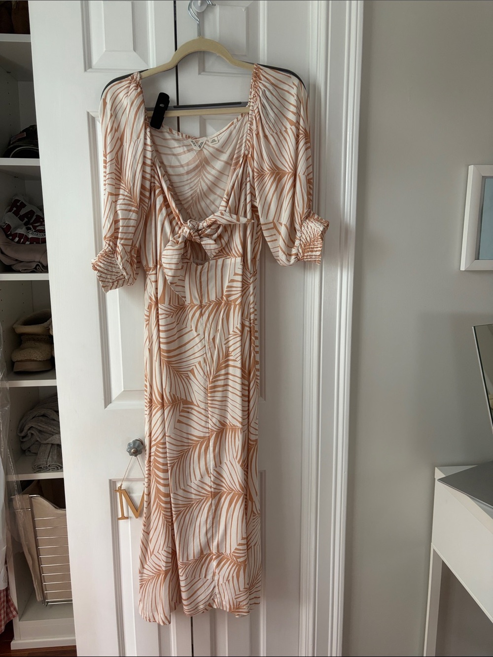 Tie-Front Midi Dress in Beige Leaf Print